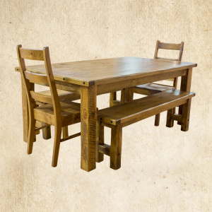 Hand Hewn Leg Table with bench ladder back chair