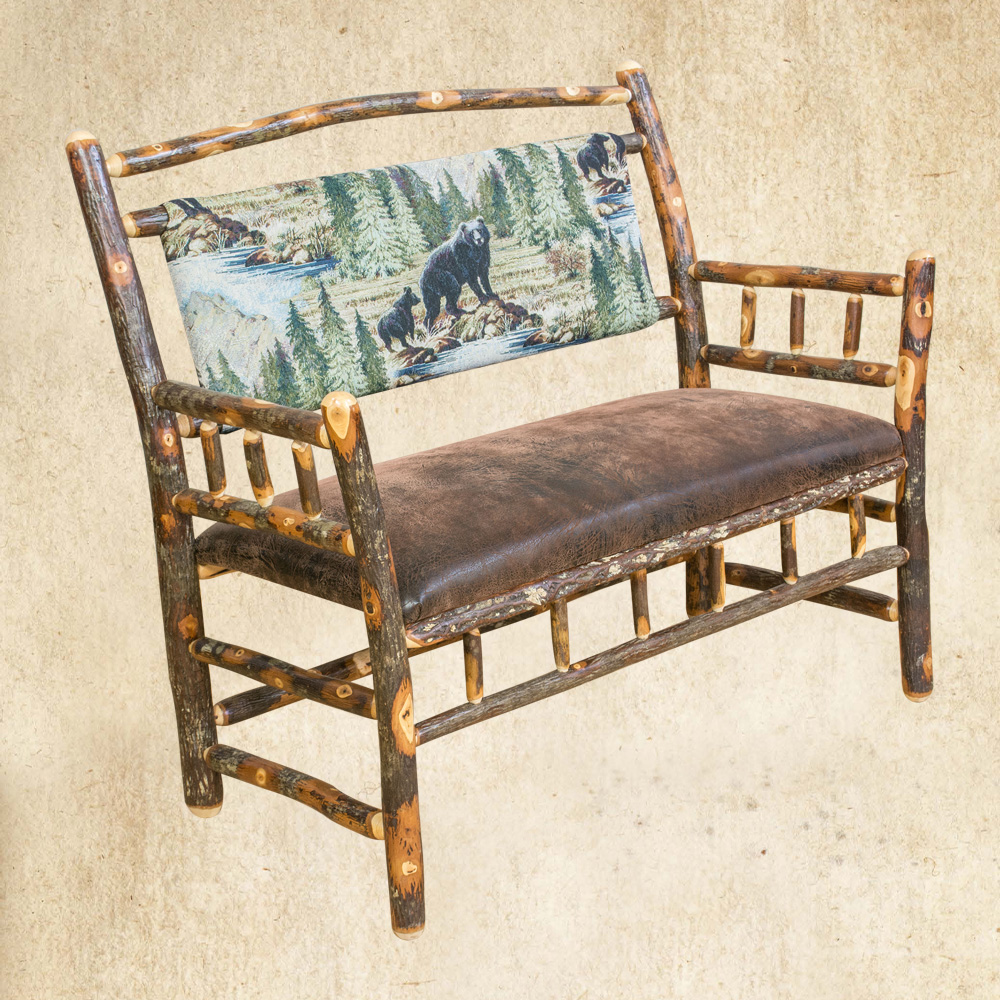 Hickory Deacons Bench with upholstered back