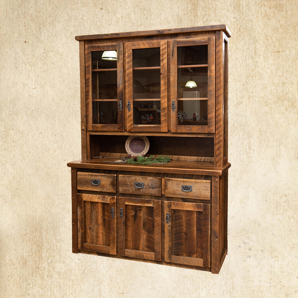Reclaimed Wood 3 Glass Door Hutch with 3 drawers and 3 doors on bottom